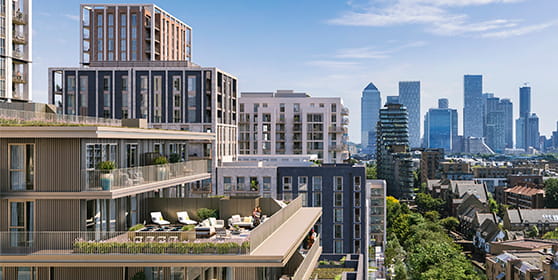An exterior image of London Dock with London skyline in the background
