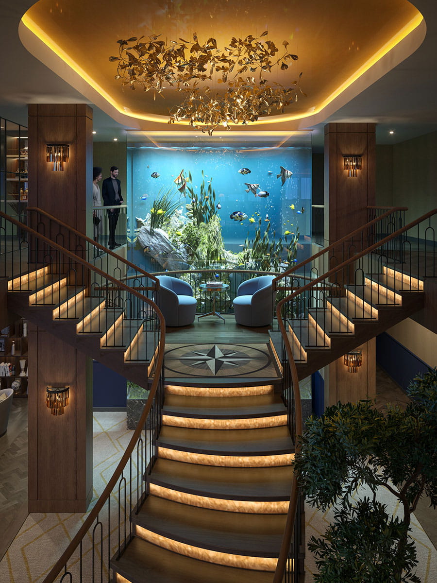 Interior image of the lobby showing a beautiful staircase 