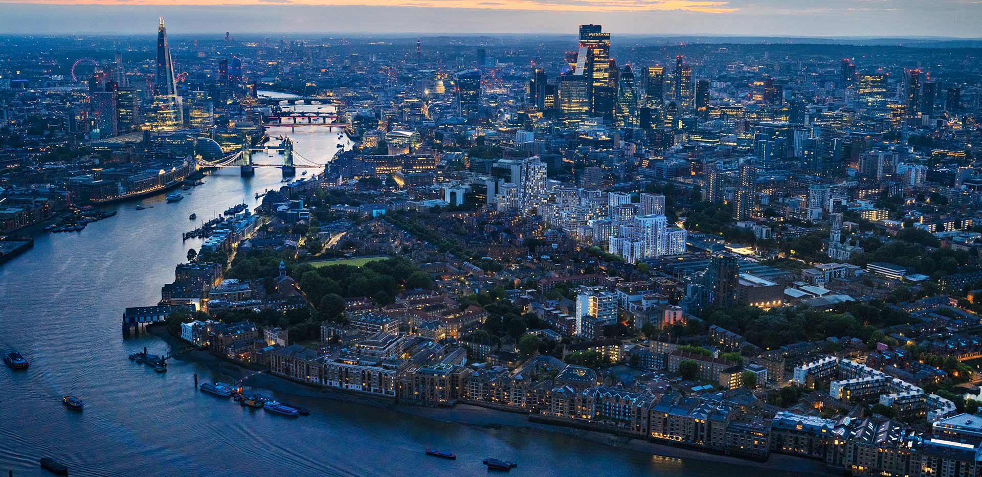 Shot of London skyline with London Dock highlighted
