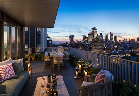 A CGI of a balcony at Jade Wharf looking over London