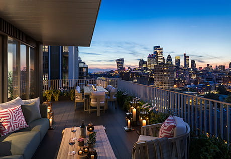 Dusk balcony shot of a Jade Wharf Showhome with a stunning view of the London skyline