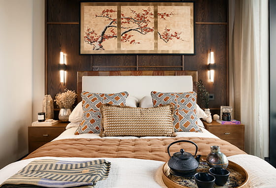 Jade Wharf cosy bedroom with a dark design