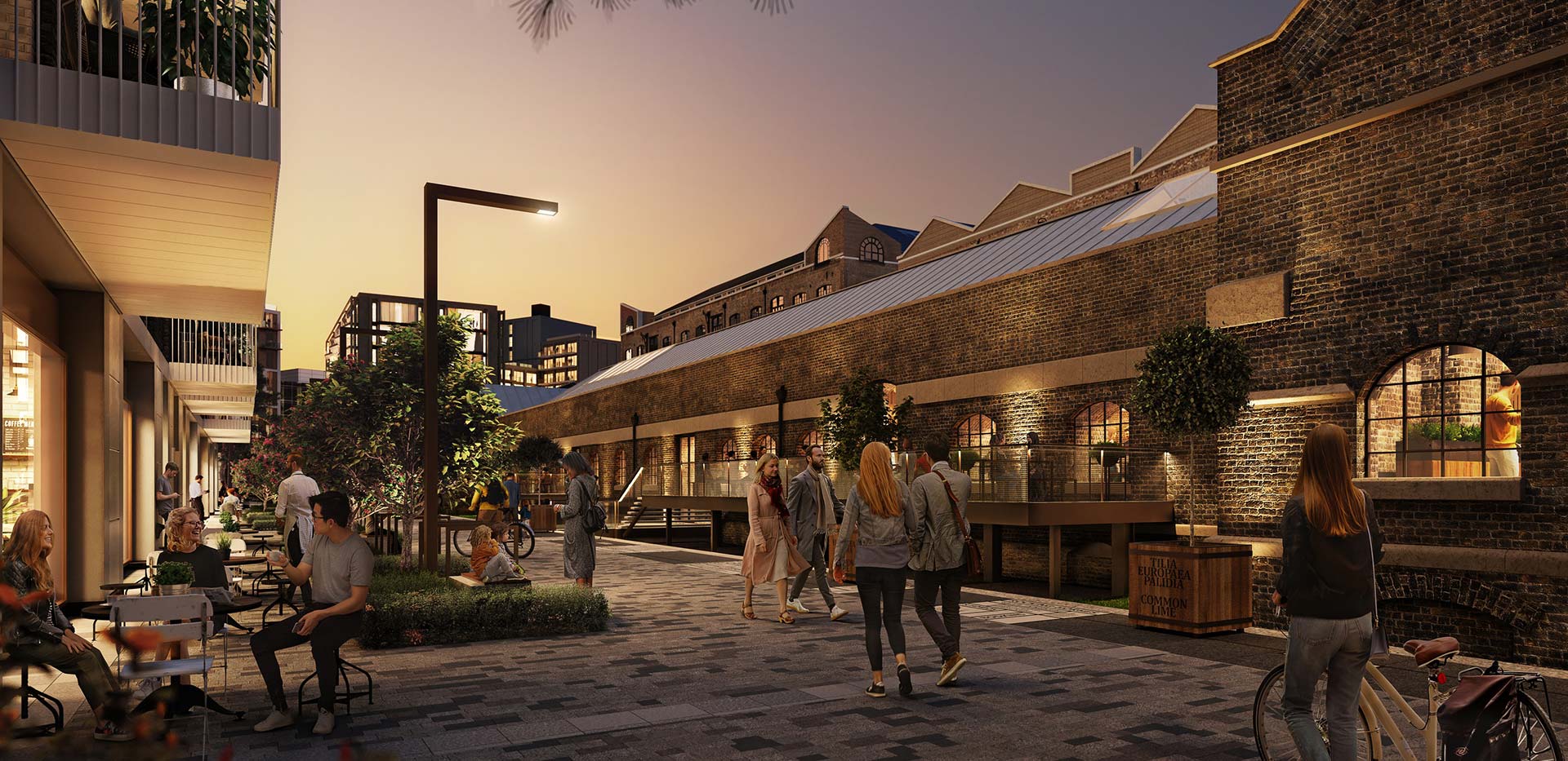 A CGI of a bustling nightlife community at London Dock