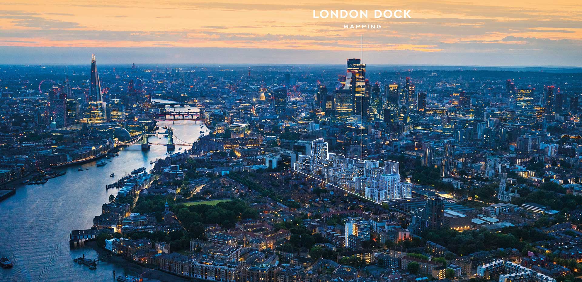 A CGI of London Dock outlined within  a wide shot of London at dusk
