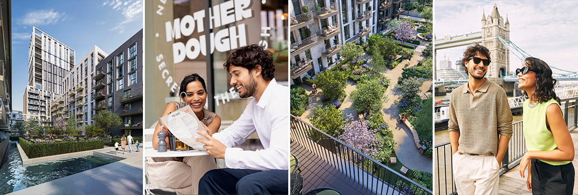 A montage: CGI of development exteriors, amenities and shops.