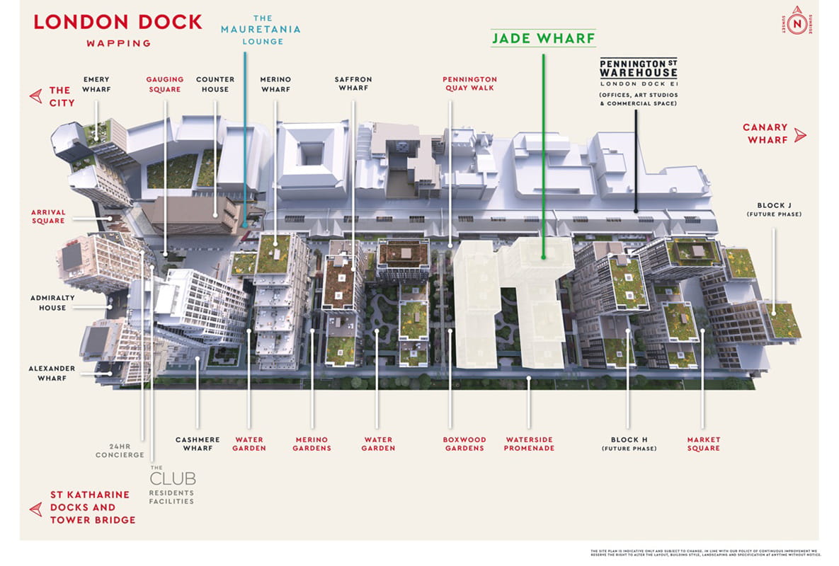 A graphic site plan showing London Dock development and phases and building names.