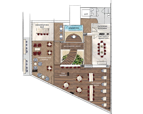 A layout drawing of the First Floor of the Mauretania Lounge