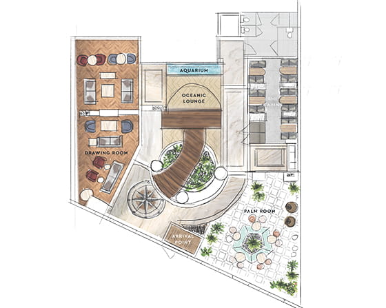 A layout drawing of the Ground Floor of the Mauretania Lounge