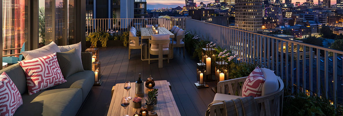 London Dock balcony in the evening with city views