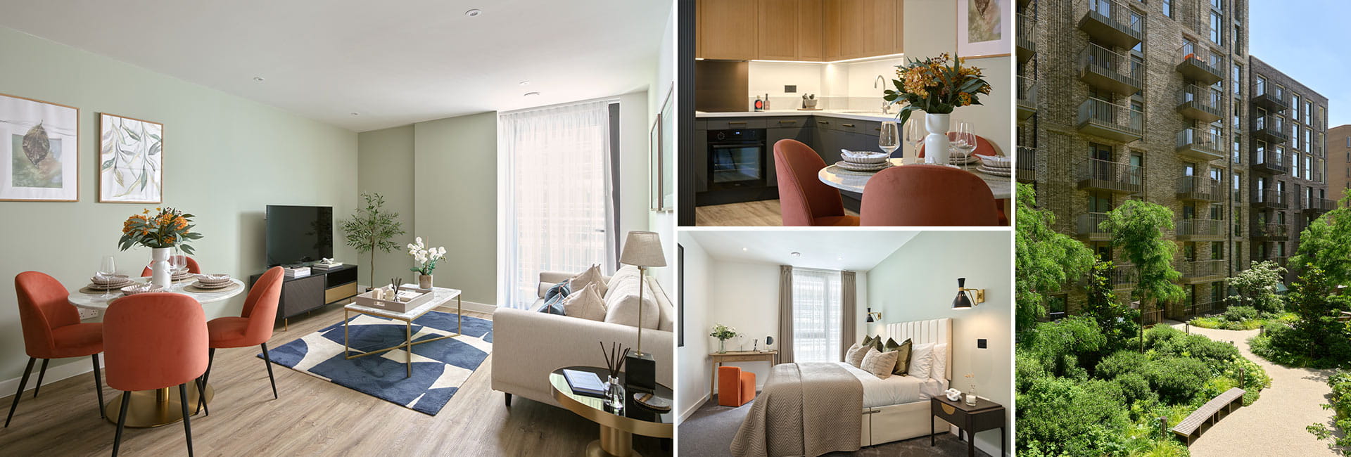 A montage of images for a Saffron Phase Home: living dining space, kitchenette, bedroom and exterior landscaped areas.
