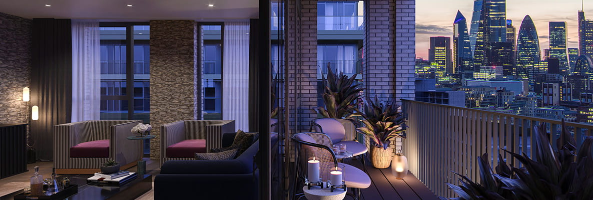 Saffron Wharf apartment balcony overlooking the city