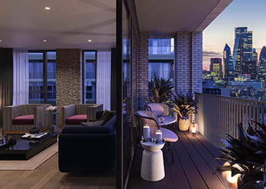 Saffron Wharf apartment balcony overlooking the city