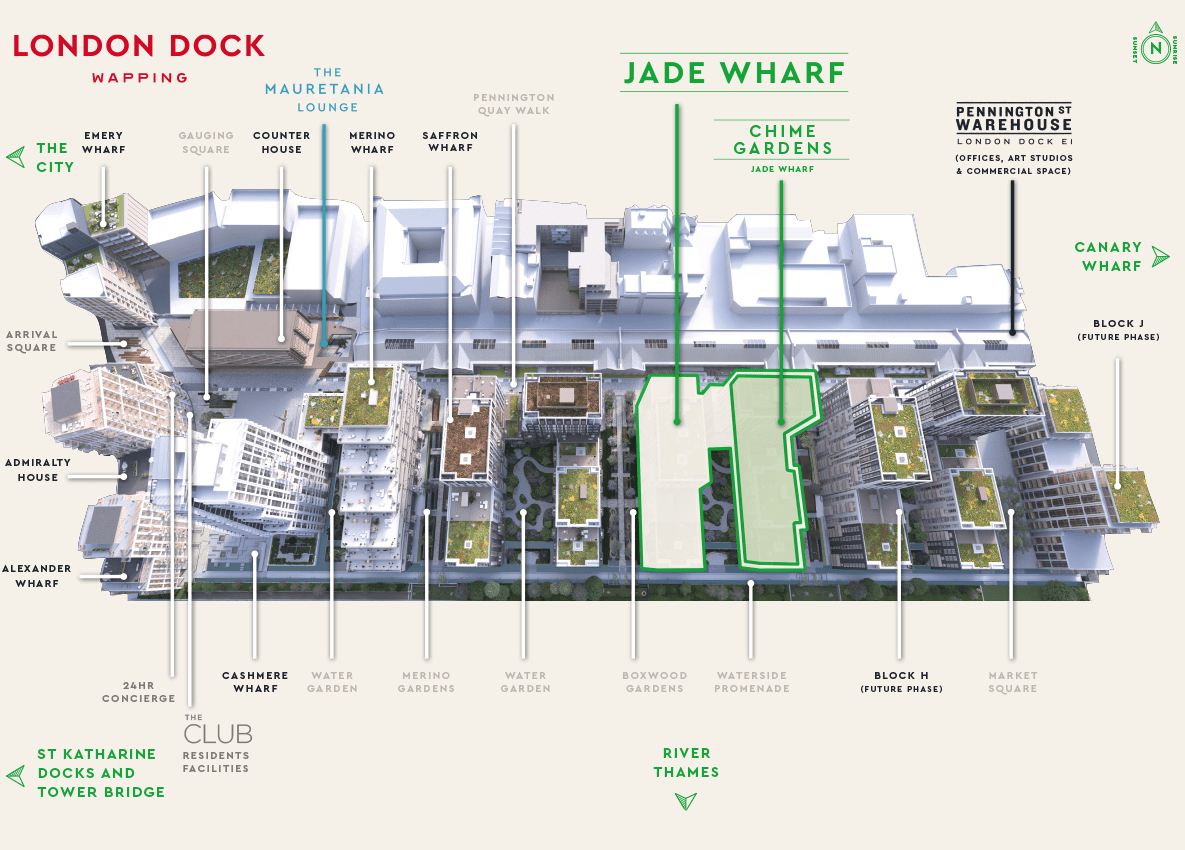An image of the London Dock Development Site Plan with Labels