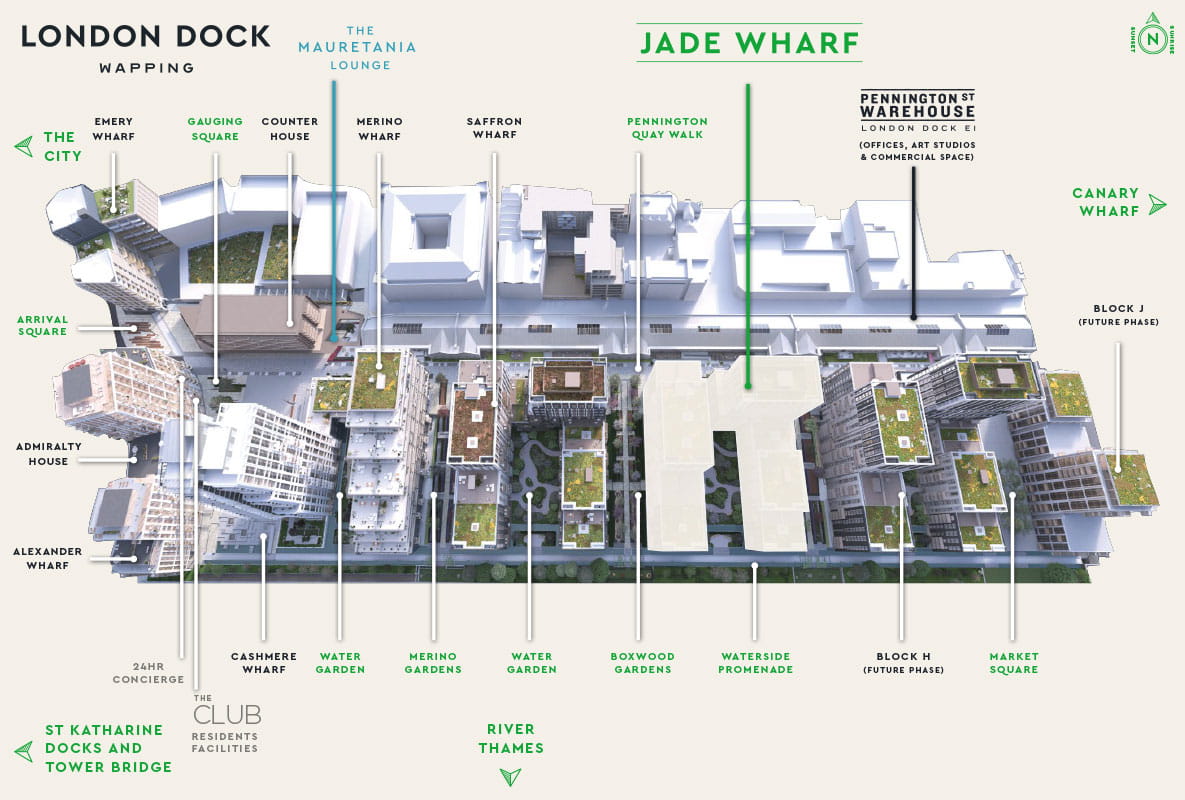 An image of the London Dock development site plan with labels and a compass point