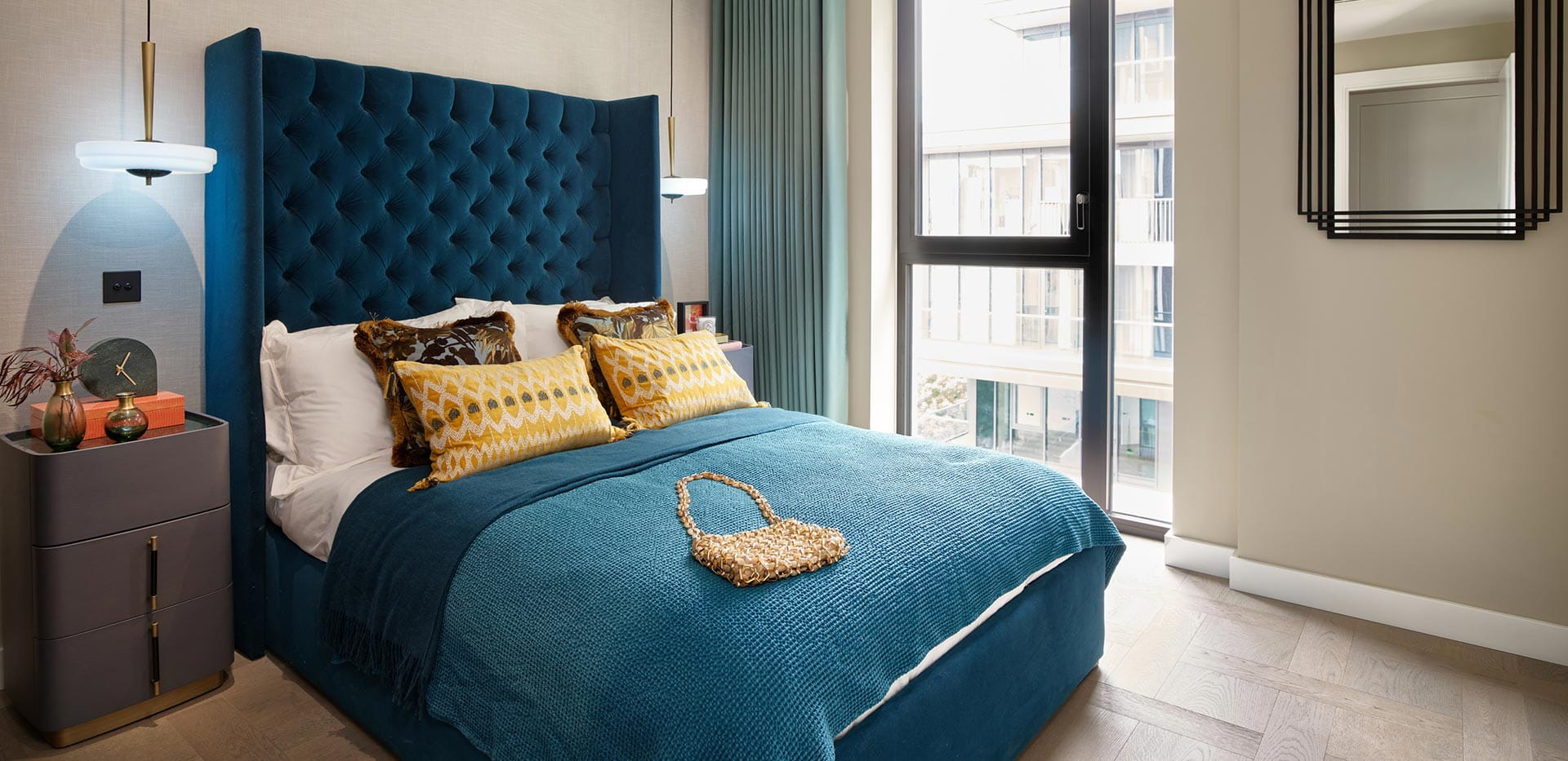 An interior Bedroom image at Saffron Wharf with a Blue Bed