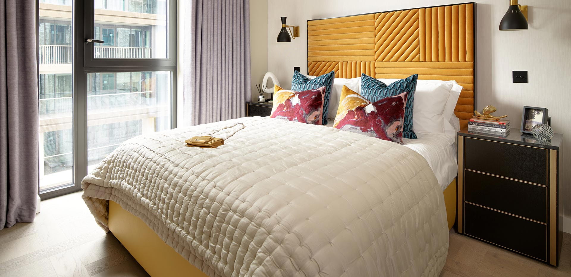 An interior Bedroom image at Saffron Wharf with a Yellow Bed