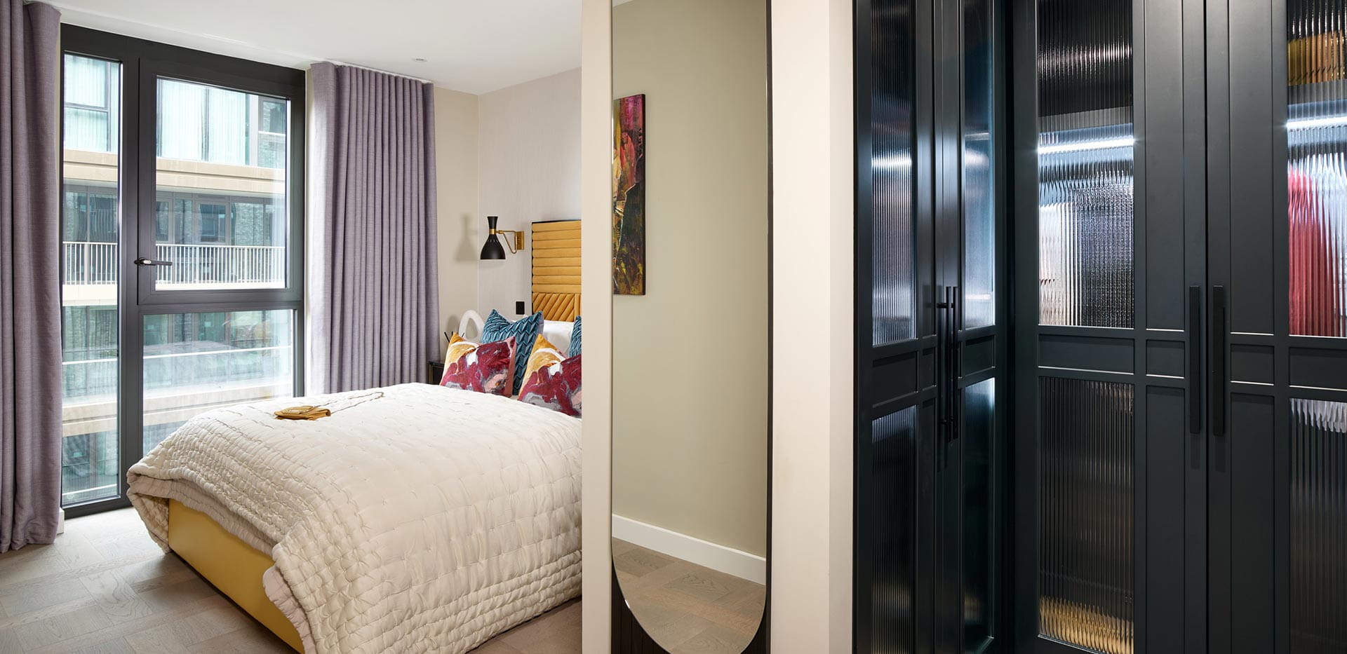 An interior Dressing Area looking into the Bedroom at Saffron Wharf