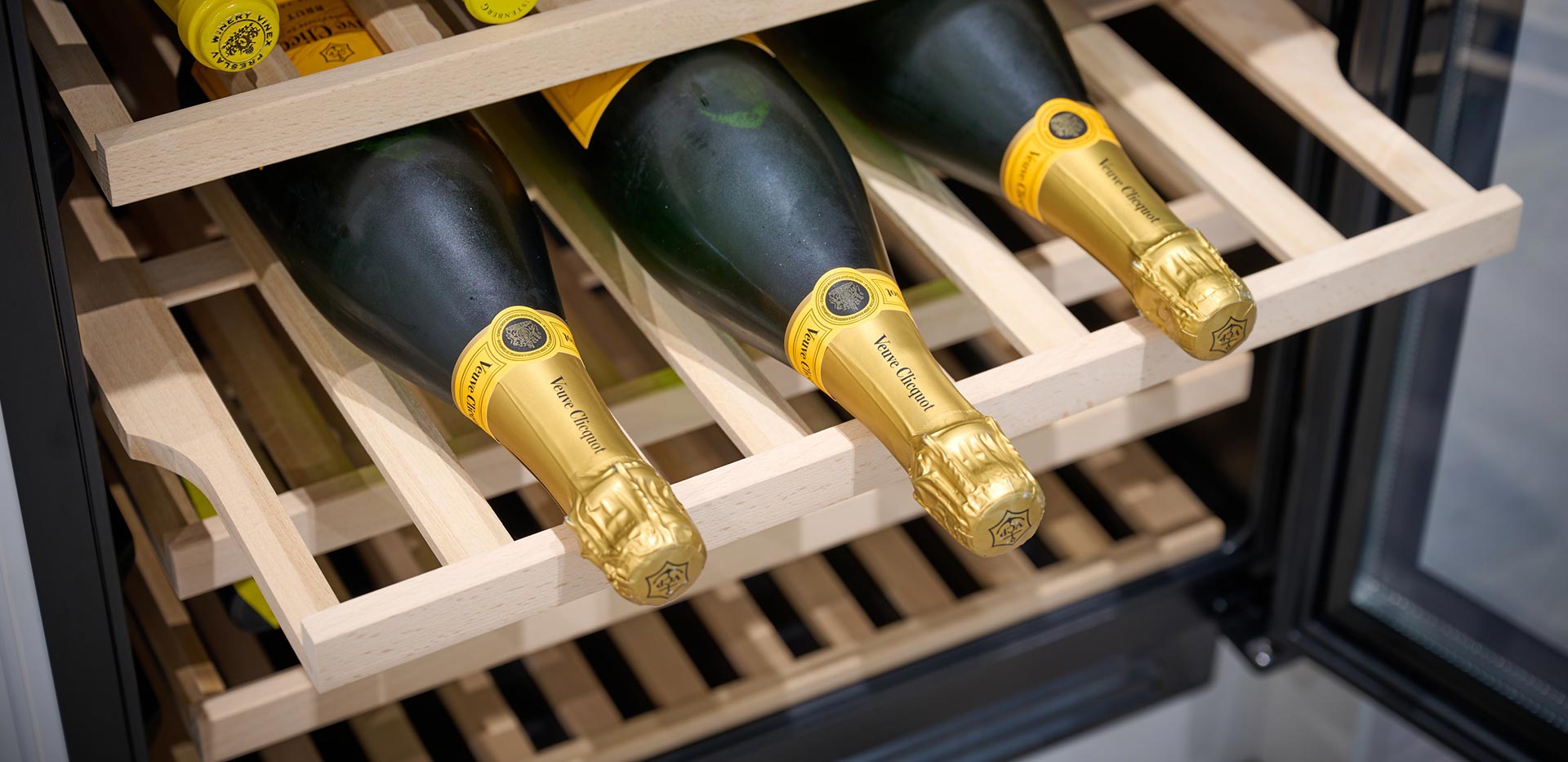 An interior Kitchen close up image of the Wine Cooler at Saffron Wharf