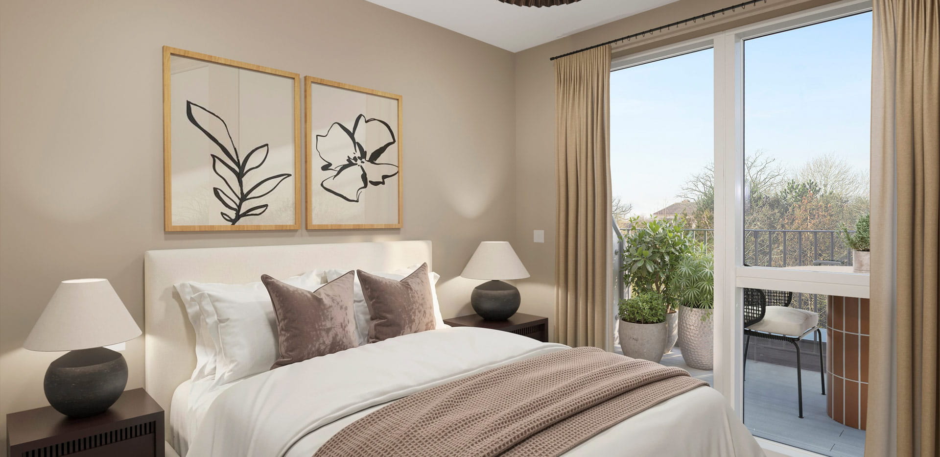 Double bed with wall hangings above and tall window overlooking balcony