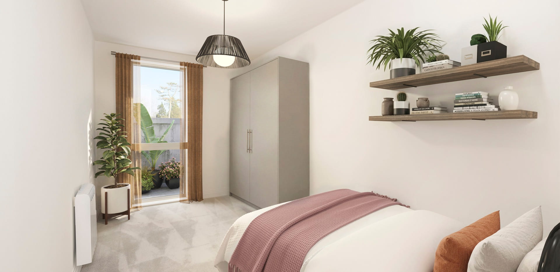 Single bed with shelves above and wardrobe opposite