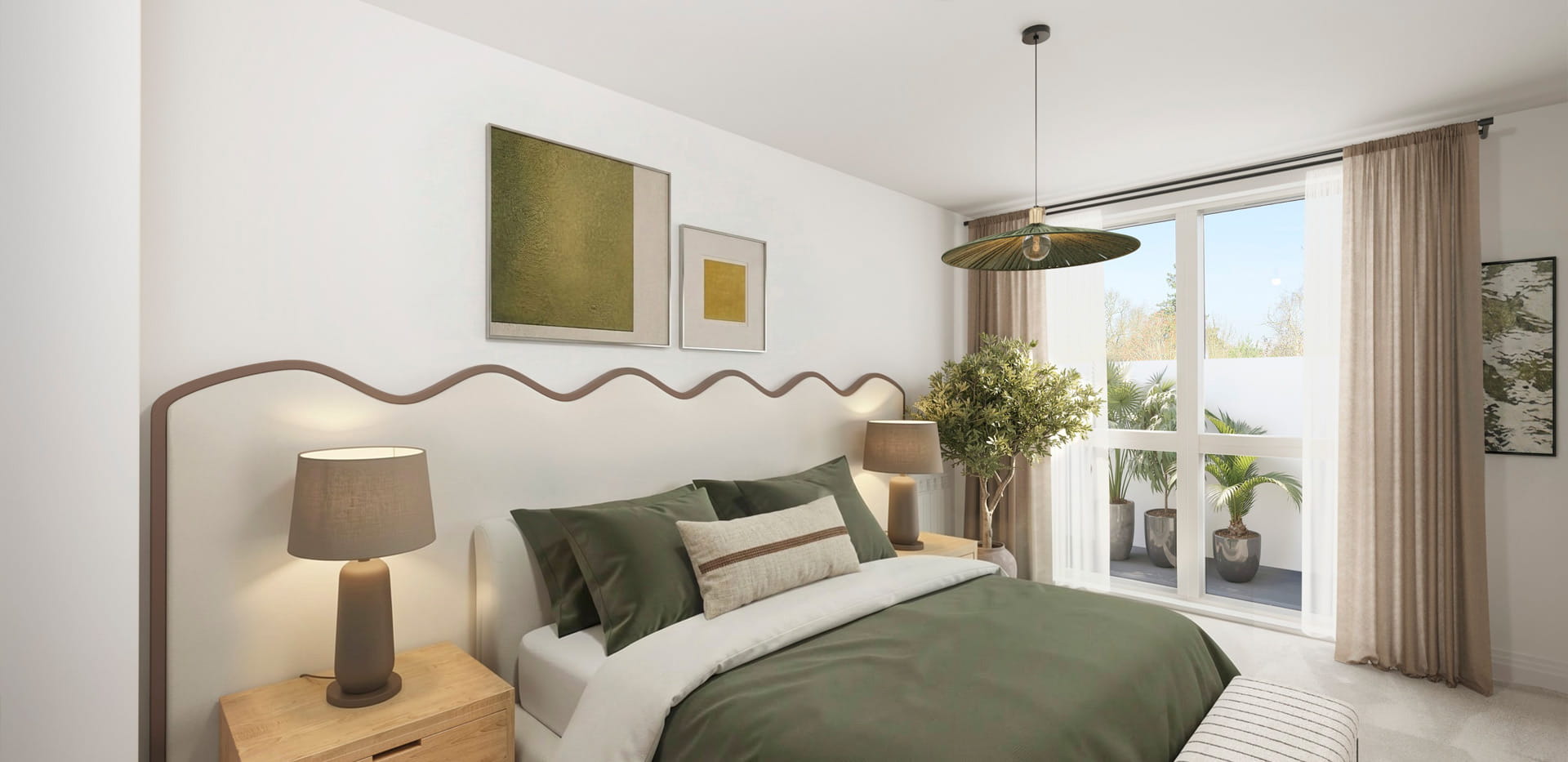 Double bed with bedside tables and wall hangings, overlooks balcony