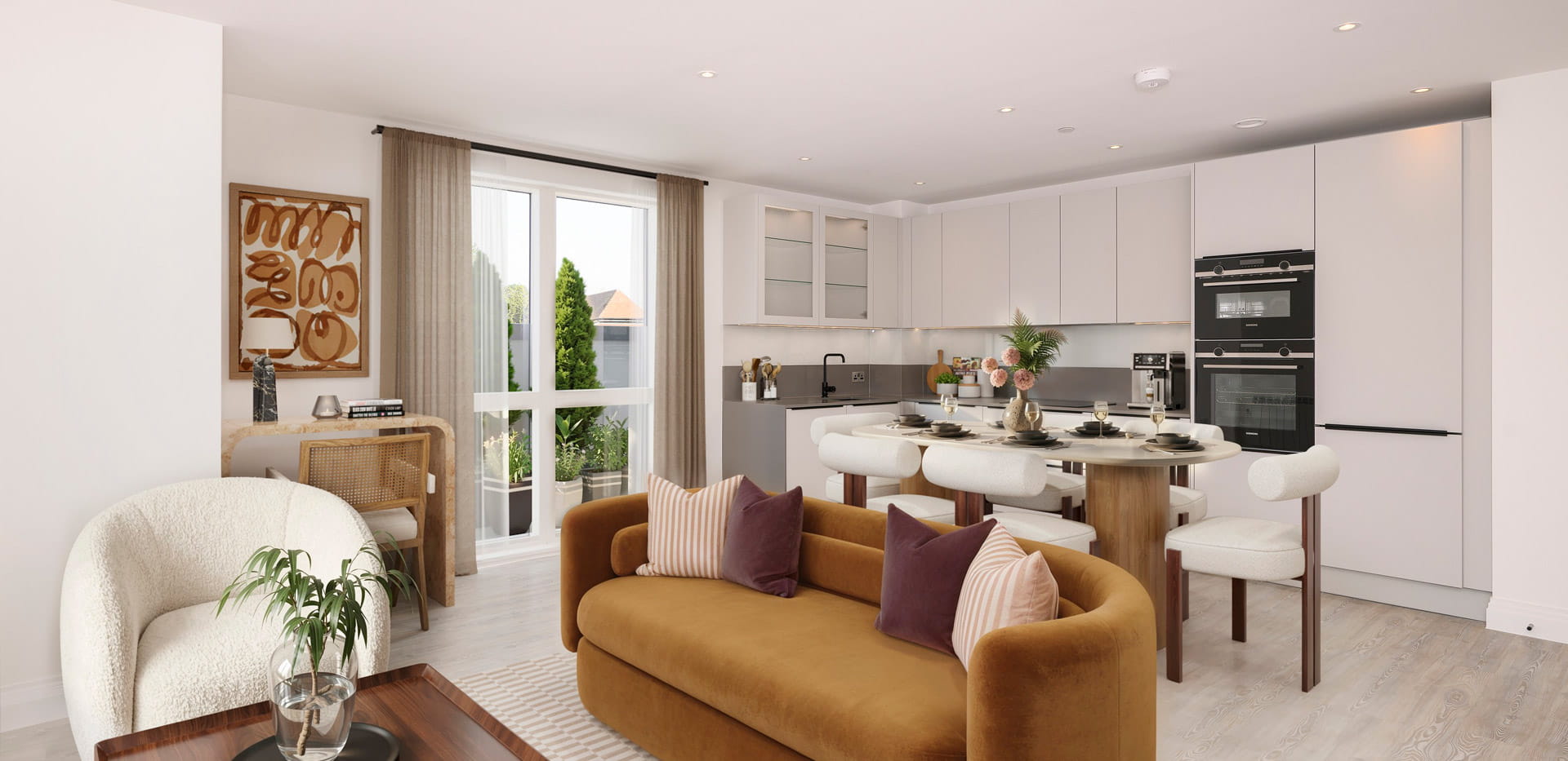 Living space adjacent to dining table with white kitchen in the background