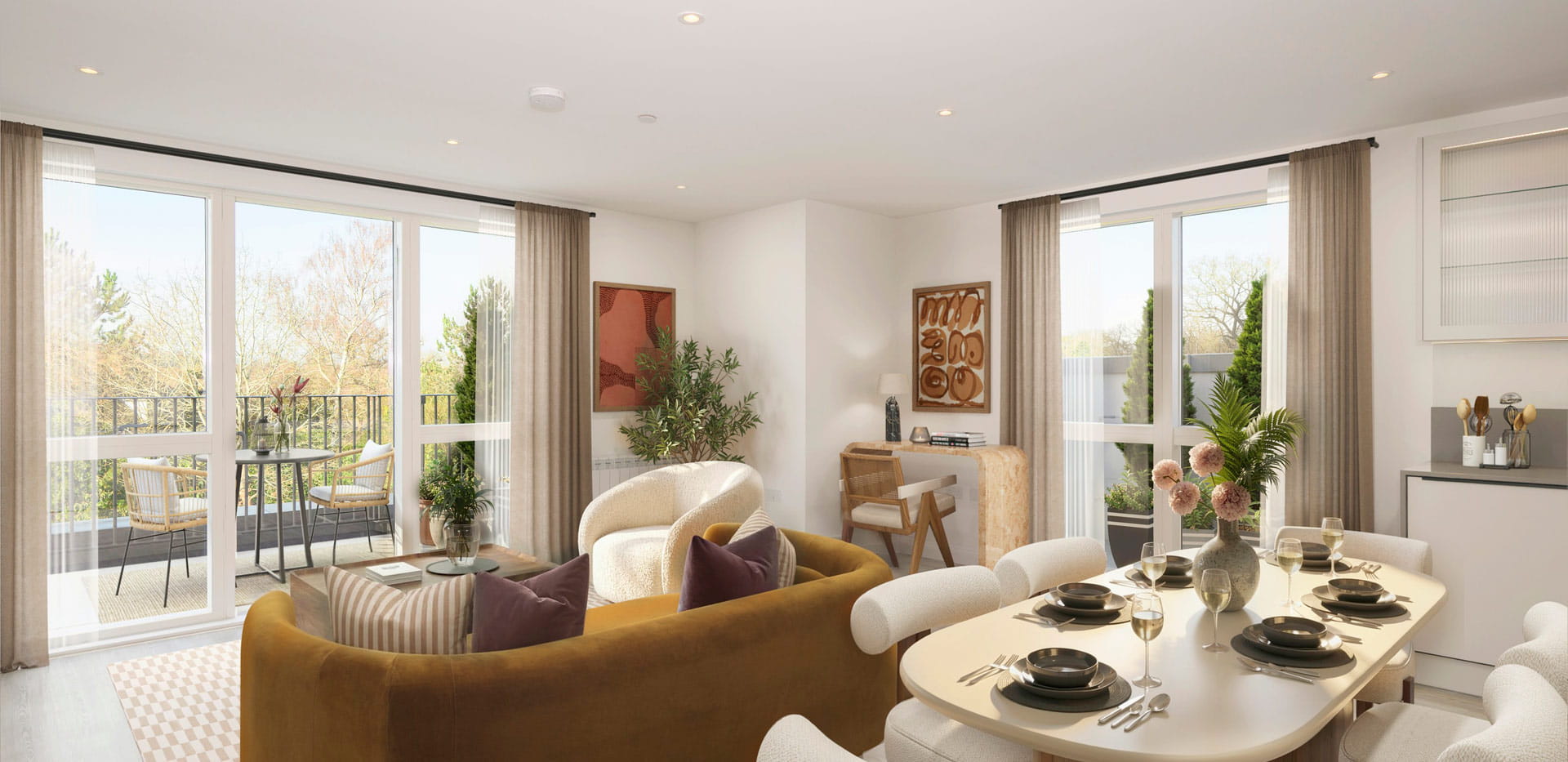 Dining Living Area in the foreground with balcony overlooking