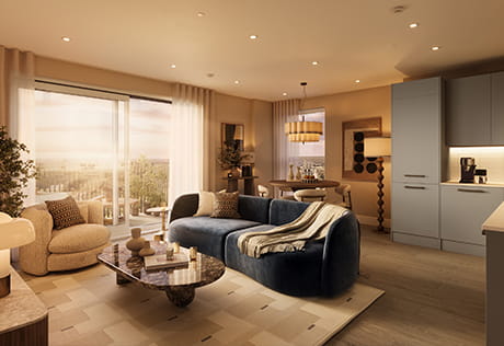 An interior CGI of the Living / Dining / Kitchen area at One Waterside