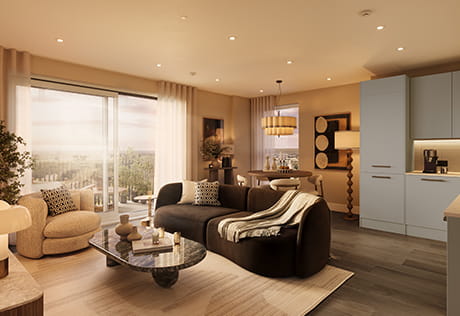 An interior CGI of the Living / Dining / Kitchen area at One Waterside
