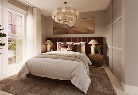 Bedroom decorated in neutral beige off-white tones, carpet and rug, wall hanging, built-in wardrobe with sliding panel.