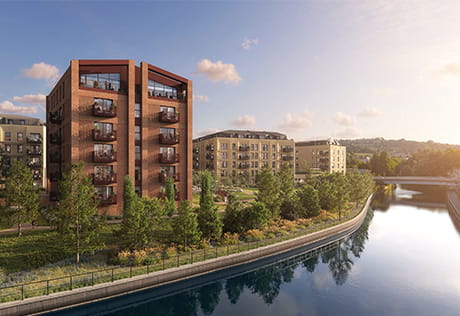 CGI of river or canalside new build apartment blocks with landscaped pedestrian path.