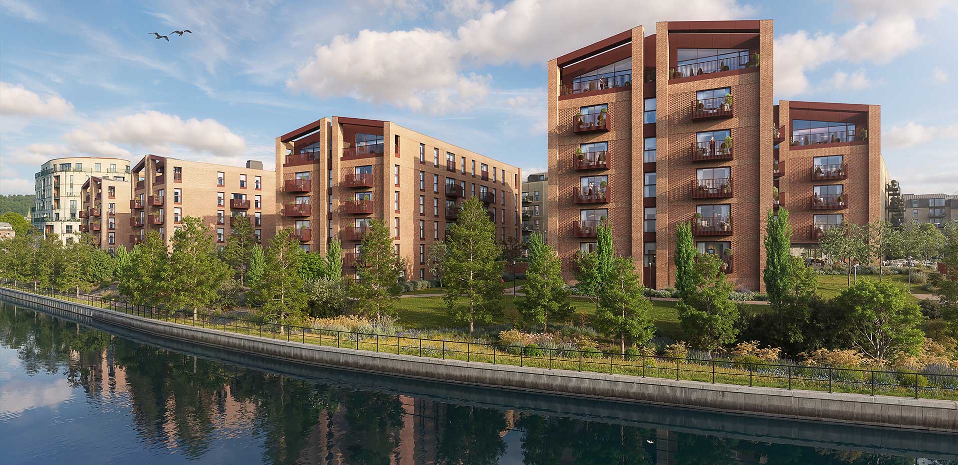 An exterior CGI of One Waterside showing the development along the river