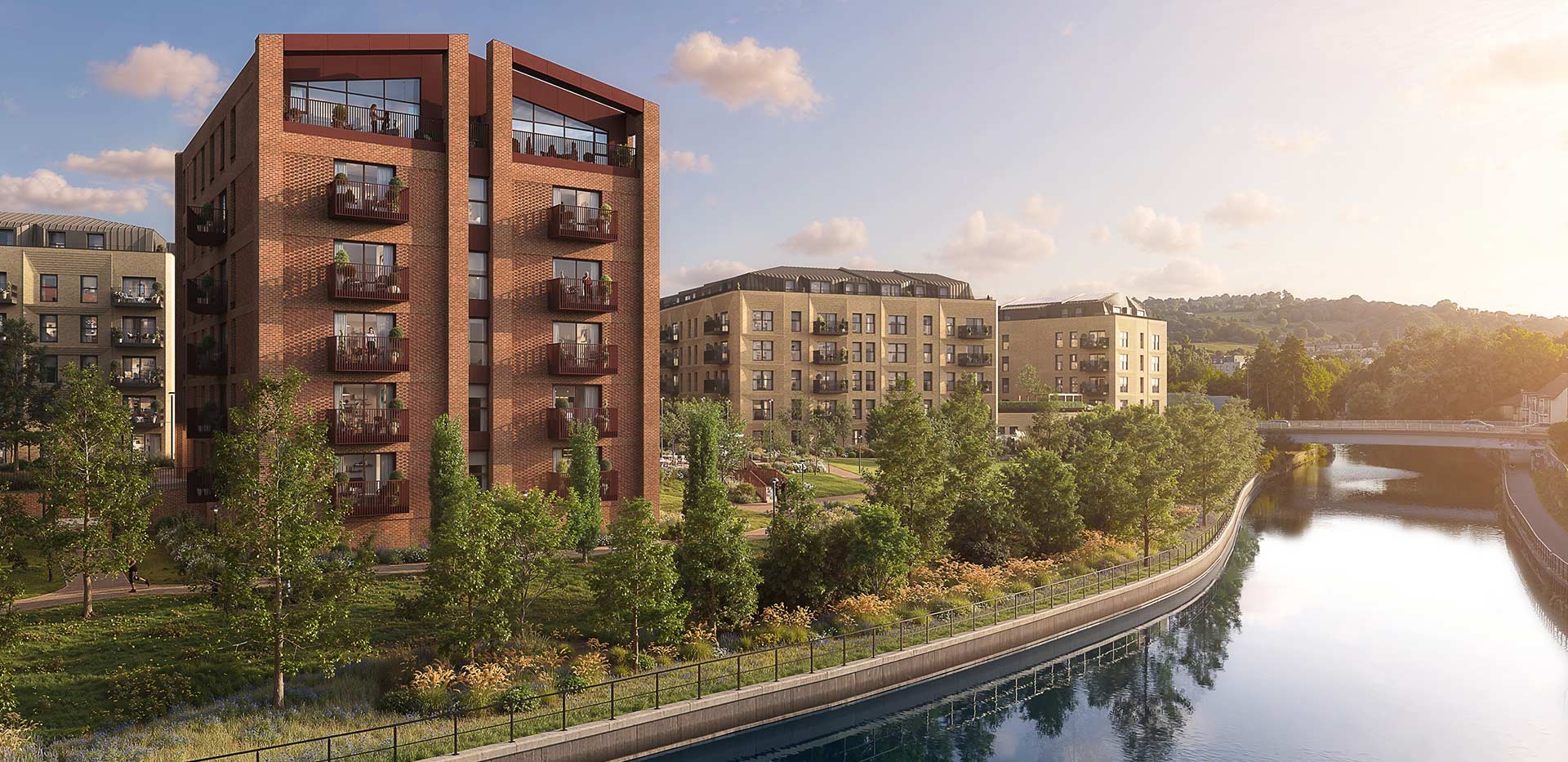 An exterior CGI of the One Waterview development with views of the river and green space