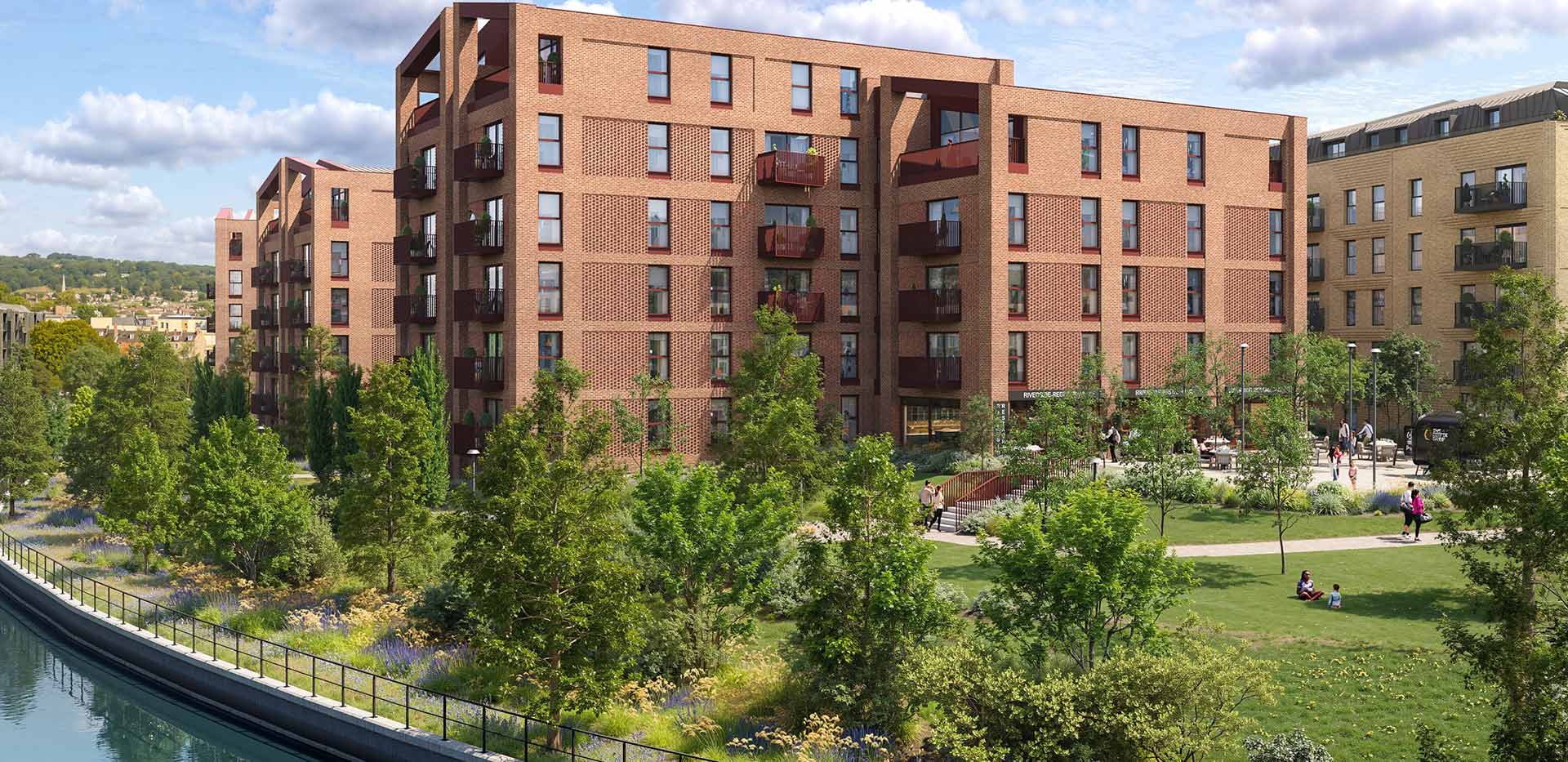An exterior CGI of the One Waterside development showing green space