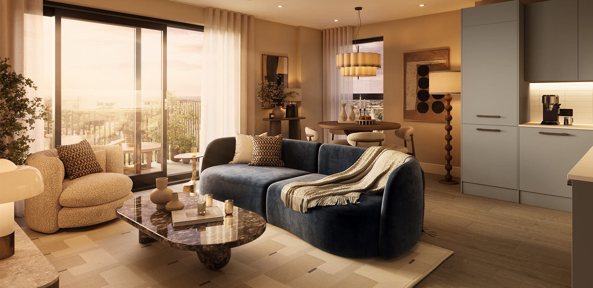 An interior CGI of the Living / Kitchen / Dining area at One Waterside