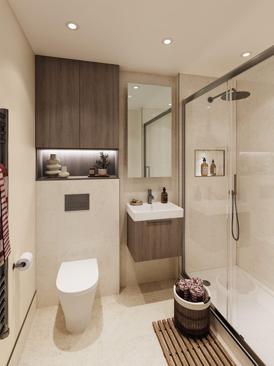 Modern designed bathroom with shower unit, wash basin with wall mirror, toilet and cabinet space.