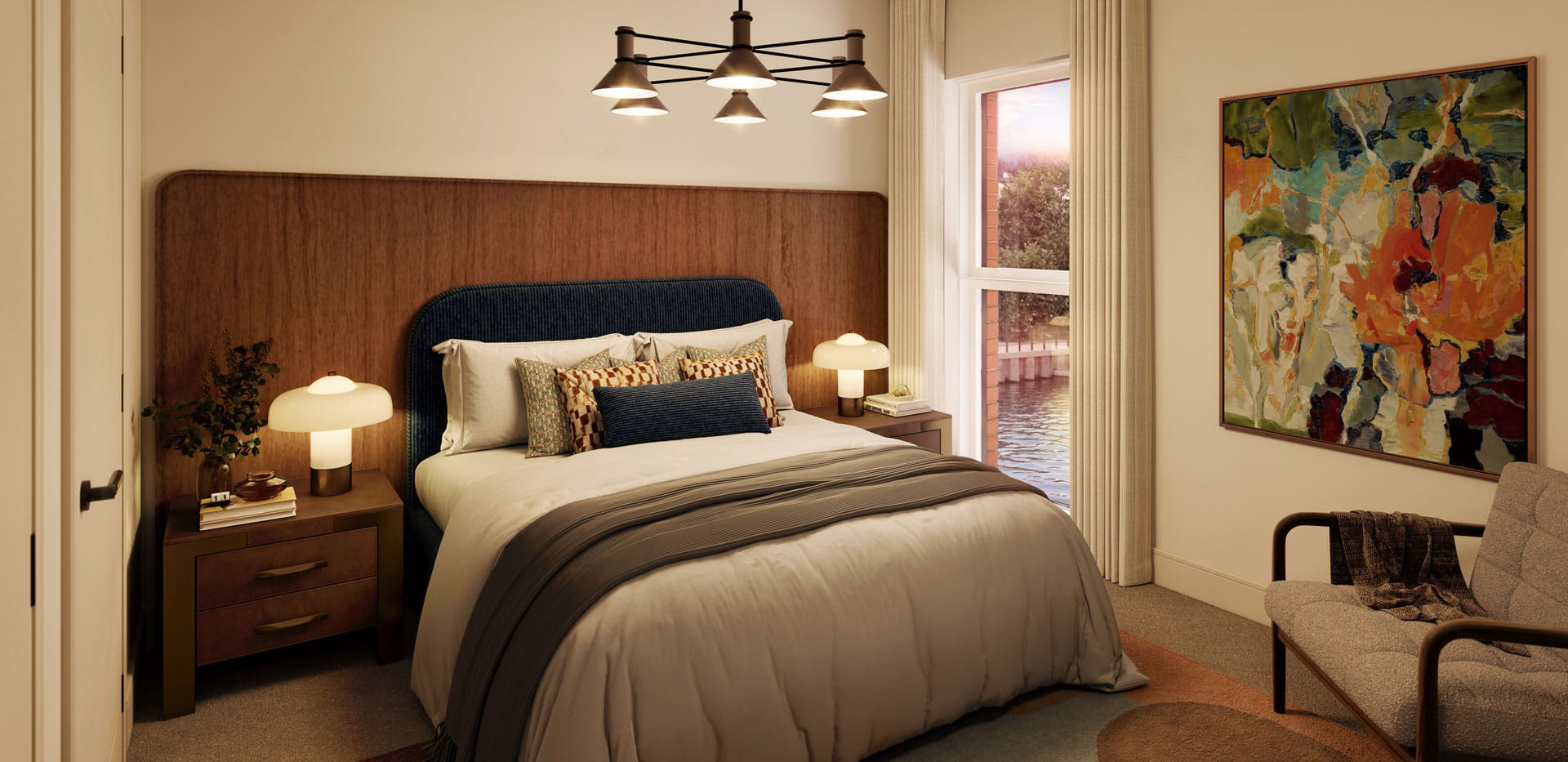 Double bed with contemporary design, bedside tables and wall hanging