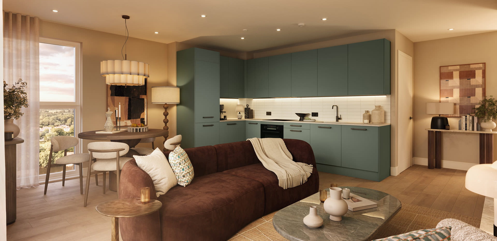 Kitchenette with dining table and living space combined