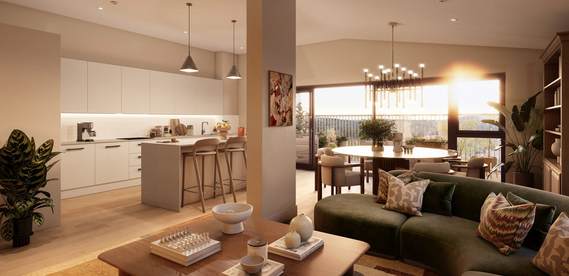 Living space in foreground, kitchen with separate breakfast island, dining table and balcony doors in background