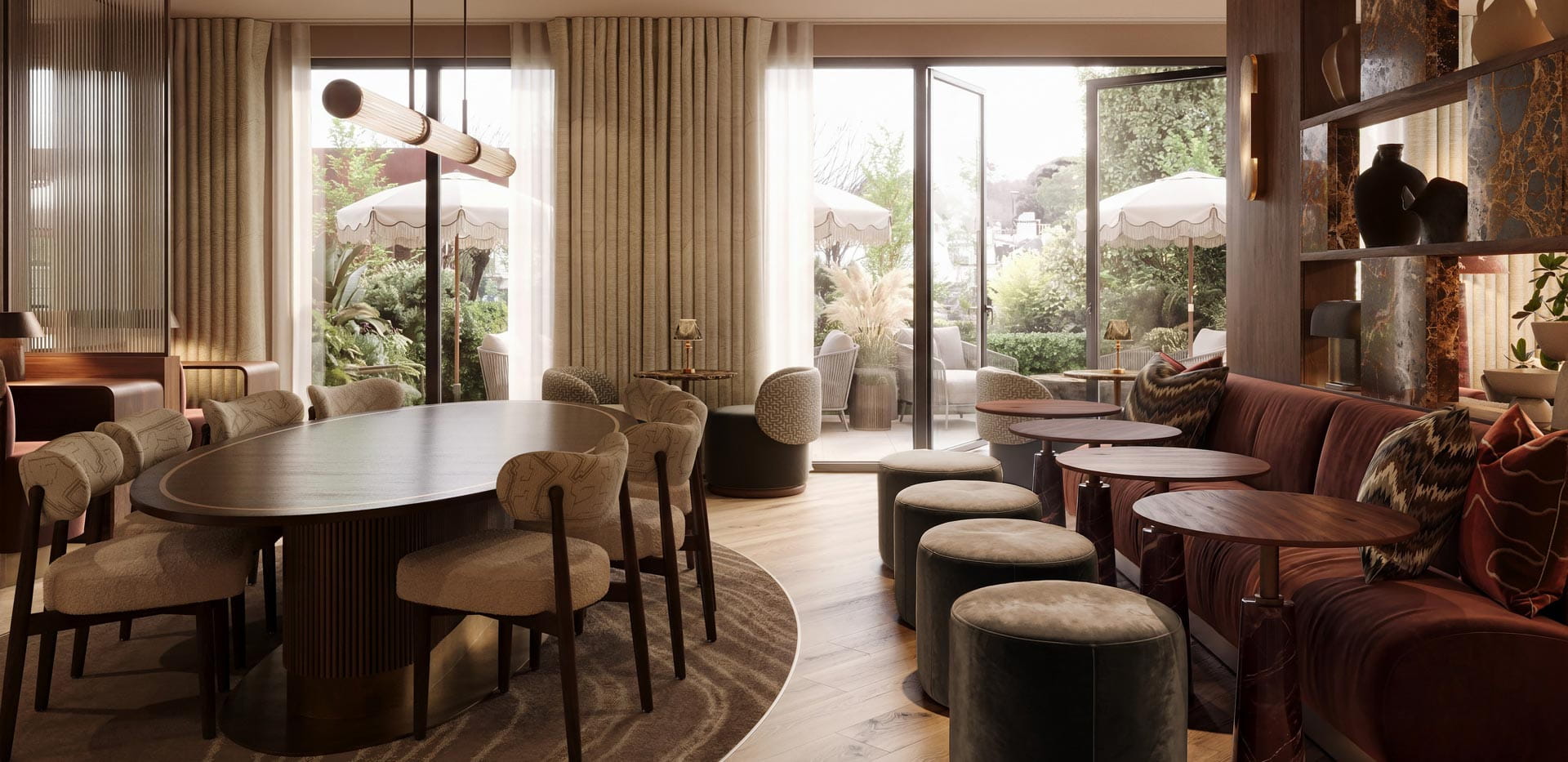 Lounge bar study area, ample seating, warm lighting, decorated in warm colours: browns and reds.