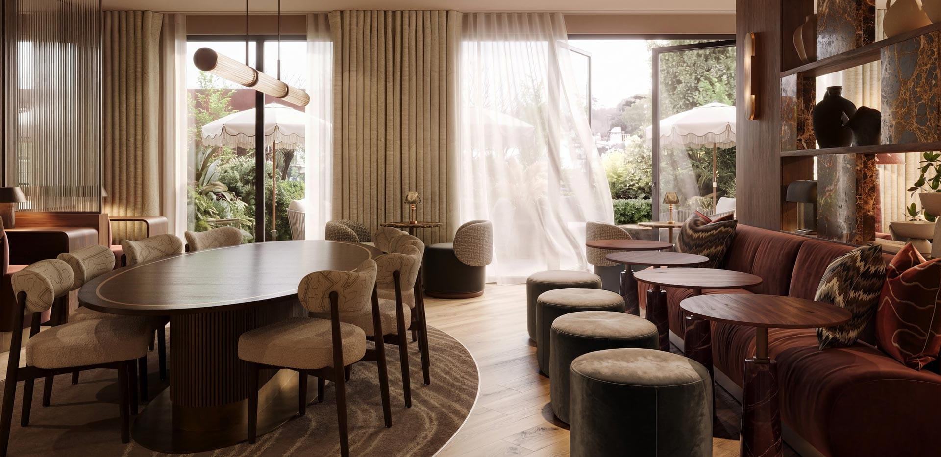Lounge bar study area, ample seating, warm lighting, decorated in warm colours: browns and reds.