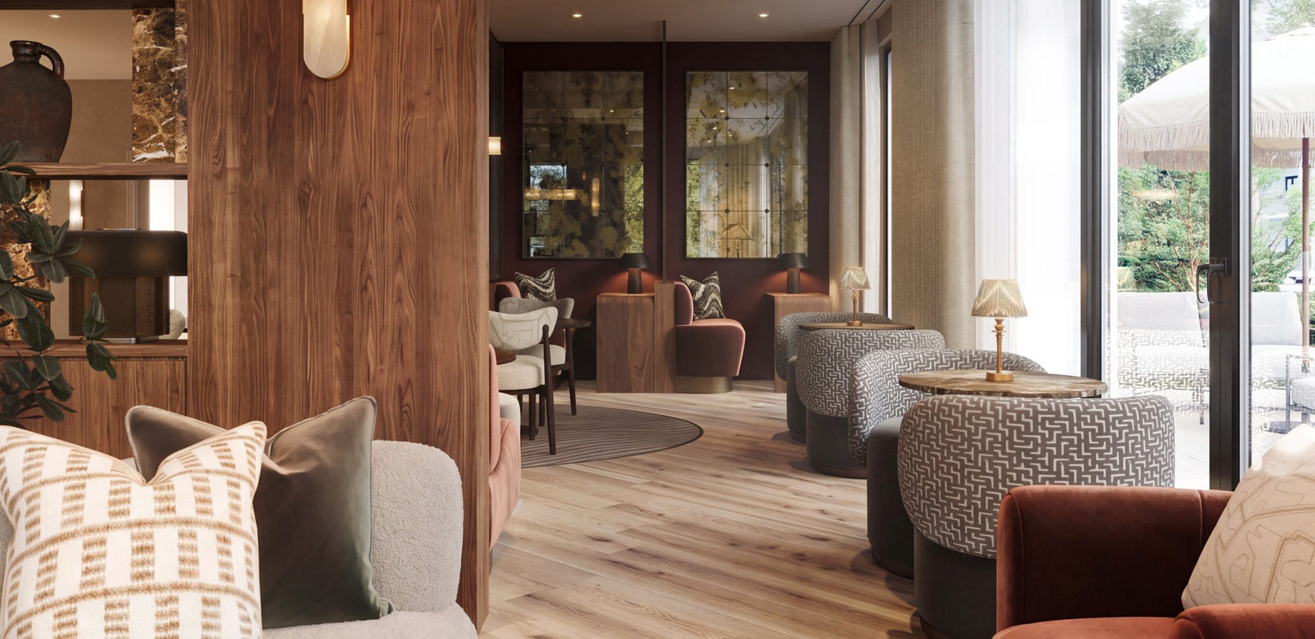 Lounge bar study area, ample seating, warm lighting, decorated in warm colours: browns and reds.
