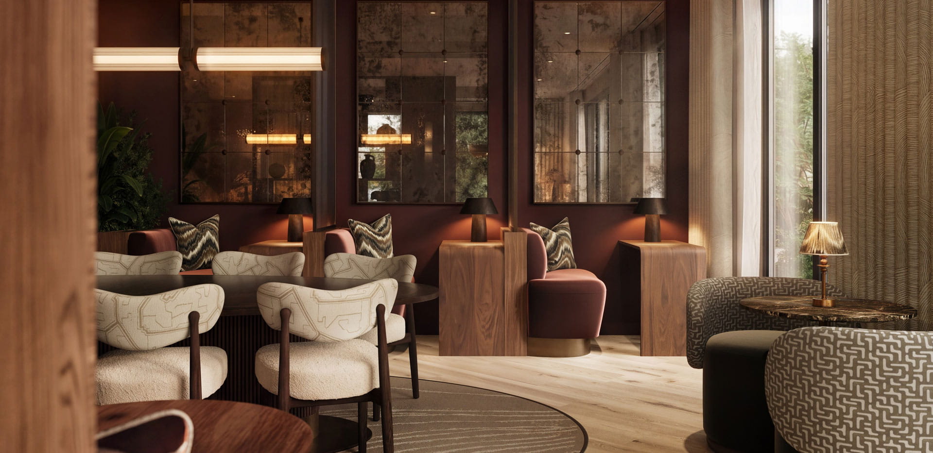 Lounge bar study area, ample seating, warm lighting, decorated in warm colours: browns and reds.