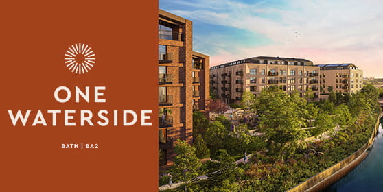 An exterior CGI of what One Waterside is expected to look like with the One Waterside Logo Next to it