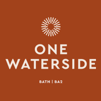 An image of the One Waterside Logo with an rust coloured background