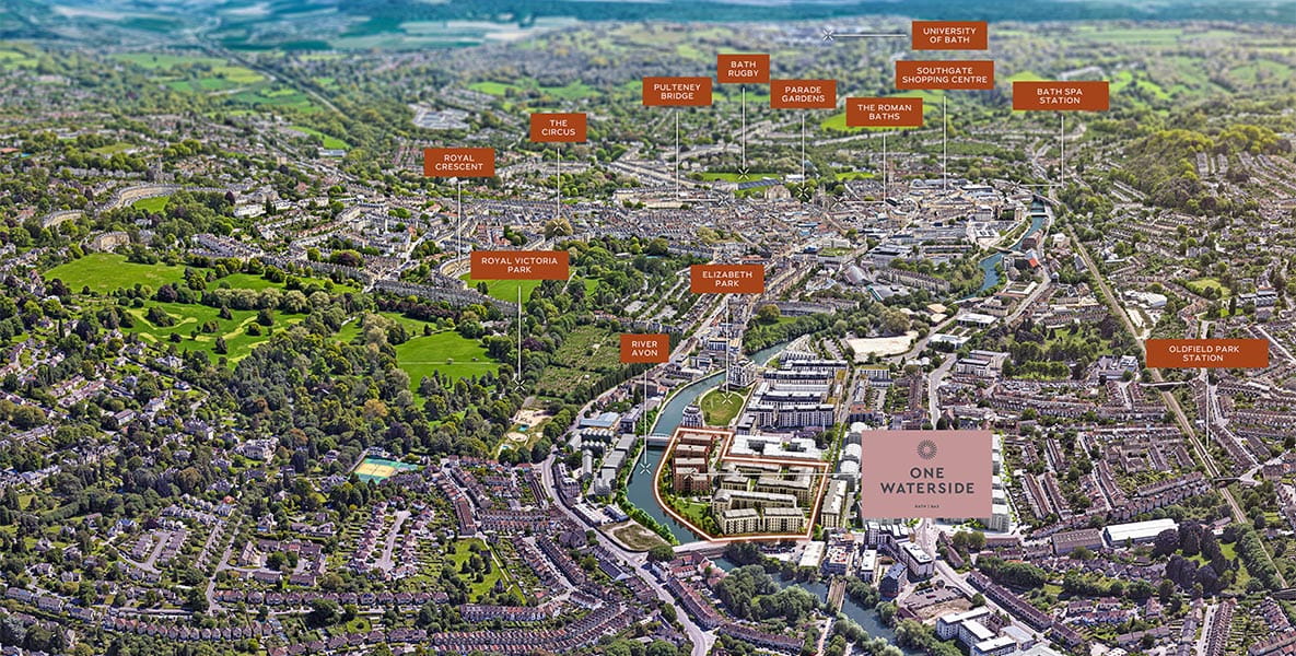 An illustration of the One Waterside map with labels.