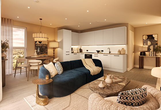 An interior Kitchen / Dining / Living CGI image at One Waterside