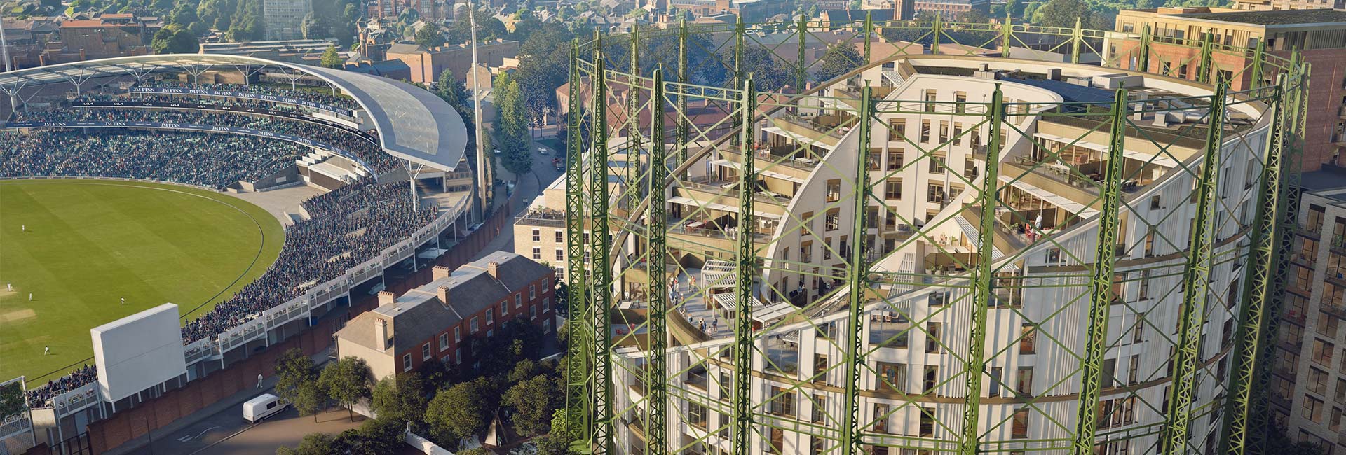 An exterior daytime image CGI of The Halo overlooking the Kia Oval