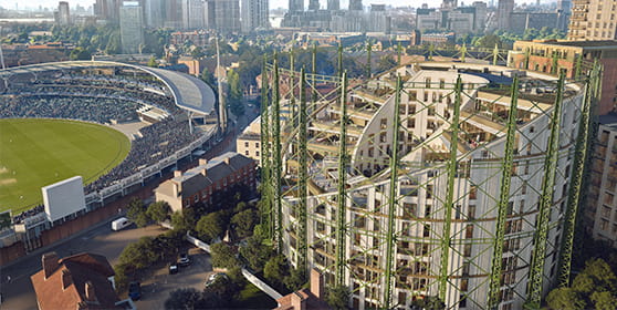 An exterior daytime image CGI of The Halo overlooking the Kia Oval