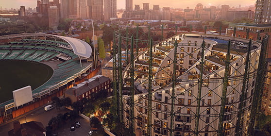 An exterior image of Oval Village at sunset